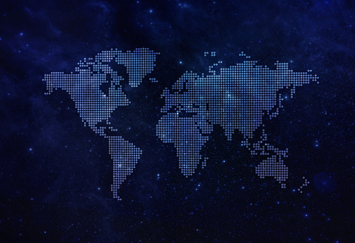 Mapa del mundo en el cielo nocturno oscuro para el fondo o el banner de fondo mostrar negocios globales, Atlas mundial, Negocios mundiales, Mapa de viajes, Tierra en el espacio. Punto redondo en el mapa del mundo nítido en el espacio para el fondo. photo
