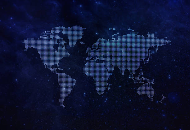 Carte du monde sur ciel nocturne sombre pour l’arrière-plan ou la bannière de fond montrer les affaires mondiales, Atlas mondial, Affaires mondiales, Carte de voyage, Terre dans l’espace. Point rond dans la carte du monde nette sur l’espace pour l� - Photo