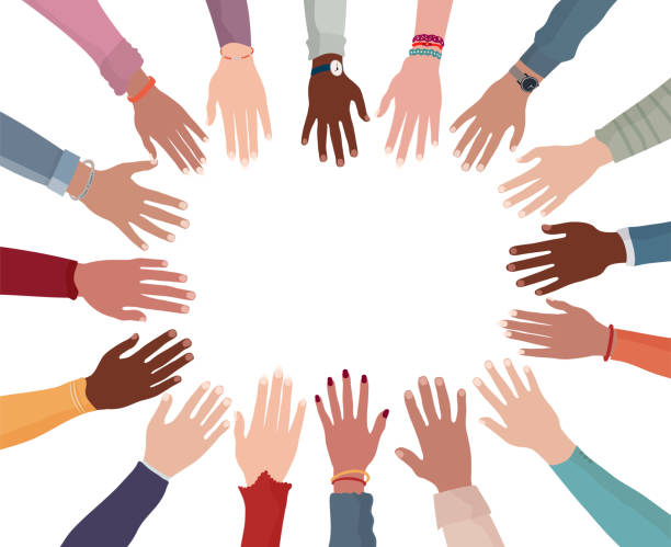 Isolated colorful hands and arms of multicultural people from different nation in circle with copy space. People diversity community. Racial equality. Man and woman diverse race vector art illustration