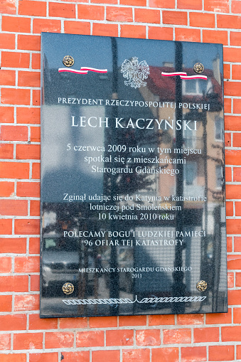 Starogard Gdanski, Poland - July 25, 2021: Memorial plaque to Polish president Lech Kaczynski.