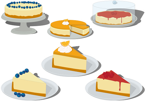 Fruit and berry whole cheesecakes and pieces on plates vector illustration