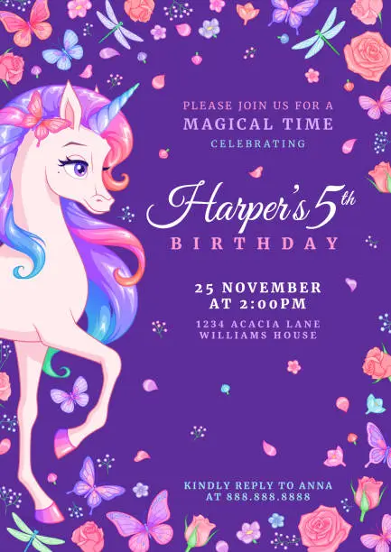 Vector illustration of Unicorn party birthday invitation template with butterflies and flowers. Vector illustration on dark background.