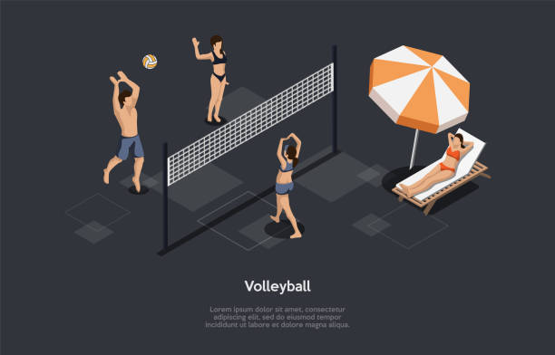 ilustrações de stock, clip art, desenhos animados e ícones de beach volleyball sport concept vector illustration on dark background with writings. isometric composition in cartoon 3d style. characters, objects. people playing game on seaside, one person resting - volleying sport summer men