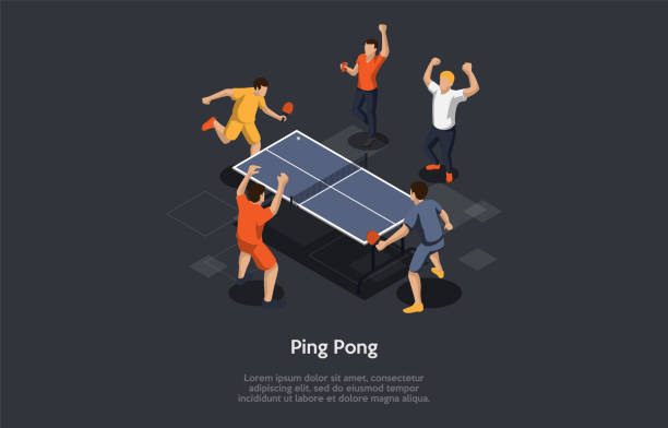 ping pong game koncepcja ilustracja wektorowa na ciemnym tle z napisami. kompozycja izometryczna w kreskówki w stylu 3d. postacie, obiekty. grupa ludzi grających. stół specjalny z siatką, rakietami - three dimensional shape people group of people team stock illustrations