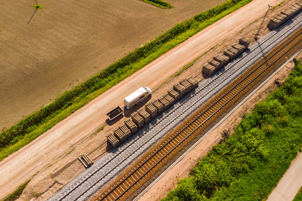 istock Aerial view of pathway, road and railways 1348385151