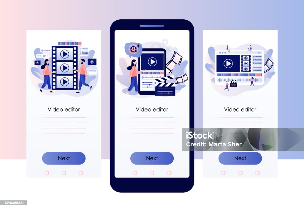 Video Editor Tiny People Making Multimedia Content Production And Footage  Editing Video Maker Online Course Screen Template For Mobile Smartphone App  Modern Flat Cartoon Style Vector Illustration Stock Illustration - Download  Image