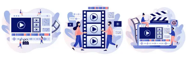 Vector illustration of Video editor. Tiny people making multimedia content production and footage editing. Video maker online course. Studio filmmaking. Modern flat cartoon style. Vector illustration on white background