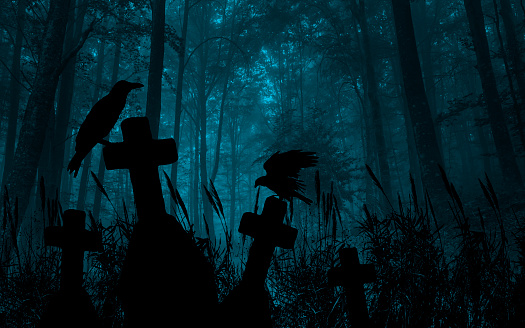 Spooky cemetery with skull, ravens and fog