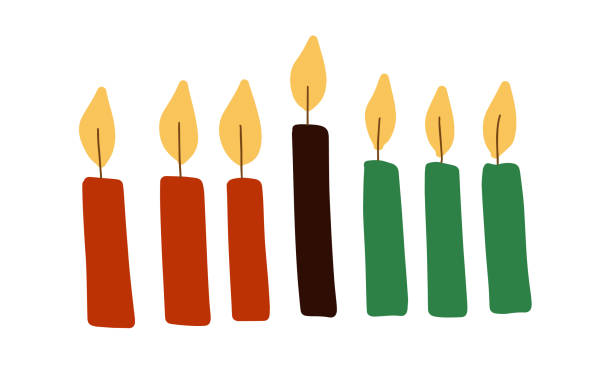 illustrations, cliparts, dessins animés et icônes de sept bougies kwanzaa kinara dans les couleurs traditionnelles africaines - rouge, noir, vert. illustration vectorielle simple, dessin de bougies clipart pour le festival de kwanzaa - kwanzaa
