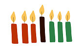 istock Seven Kwanzaa kinara candles in traditional African colors - red, black, green. Simple vector illustration, drawing candles clip art for Kwanzaa festival 1348387175