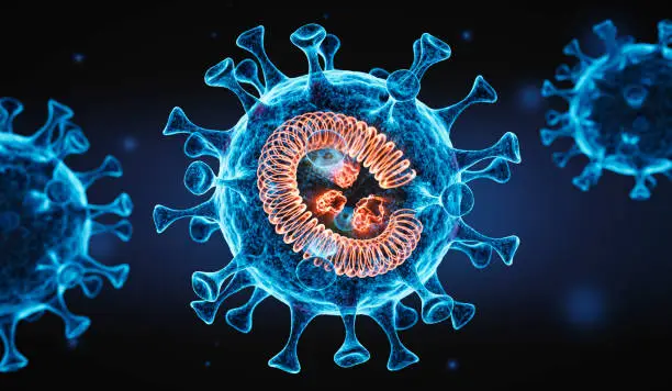 Blue Corona Virus Mutant with Mutation DNA inside - 3D illustration