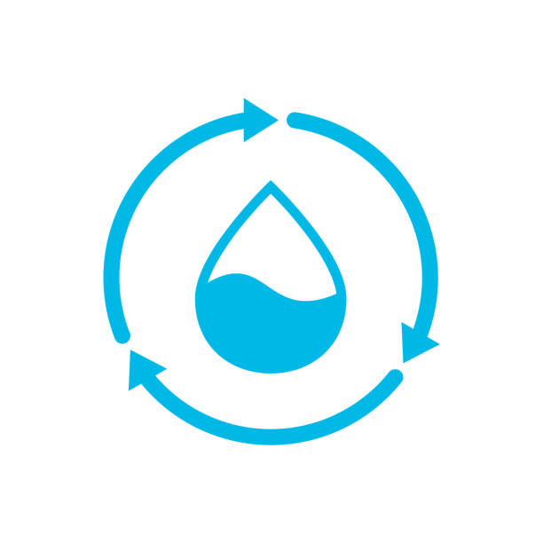Recycle water icon. Blue water drop inside circle arrows. Sustainable resources. Water reuse or reclamation. Environmental restoration idea. Wastewater treatment. Vector illustration, flat, clip art. water conservation stock illustrations