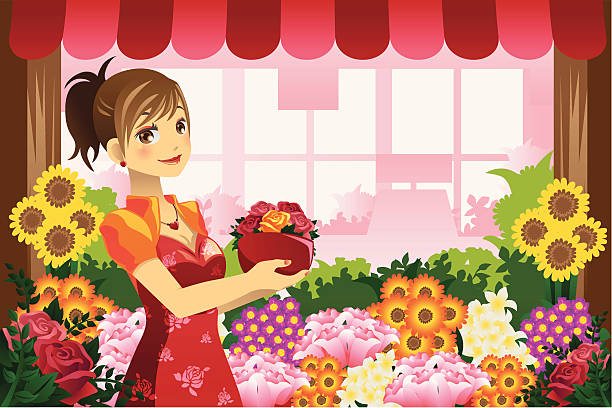 illustrazioni stock, clip art, cartoni animati e icone di tendenza di fioraio femmina - florist flower shop store owner