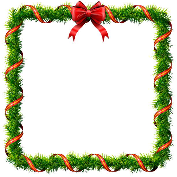 Thin christmas square wreath with red bow and ribbon vector art illustration