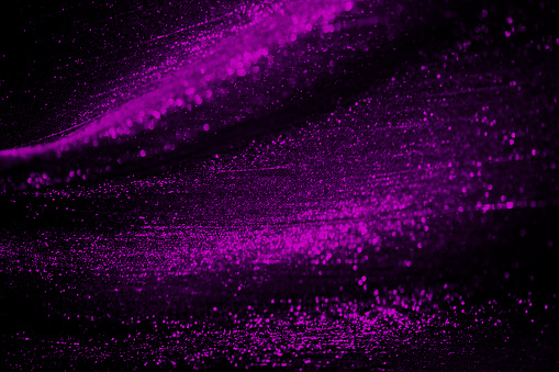 Purple Glitter Black Background Abstract Bokeh Light Particle Dust Wave Lilac Violet Dark Hot Pink Pattern Christmas Magenta Texture Blinking Igniting Dusting Flying Magenta Confetti Full Frame Macro Photography for presentation, flyer, greeting card, poster, brochure, banner