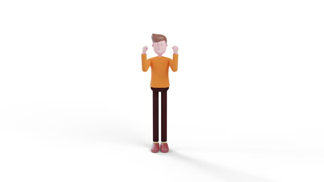 3D illustration of standing man with glad arms . Portrait of cartoon smiling male character.