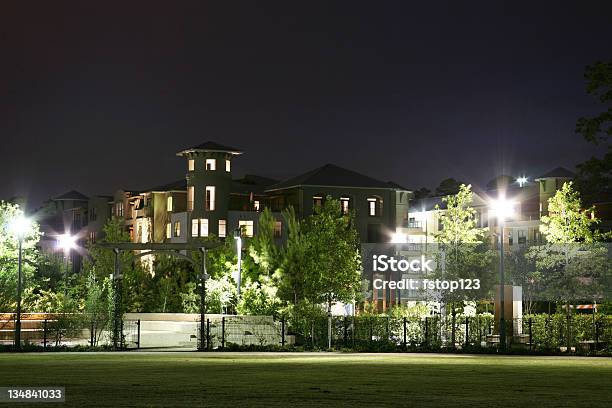 Apartment Buildings At Night Lights Urban Scene Stock Photo - Download Image Now - Community, Public Park, Night