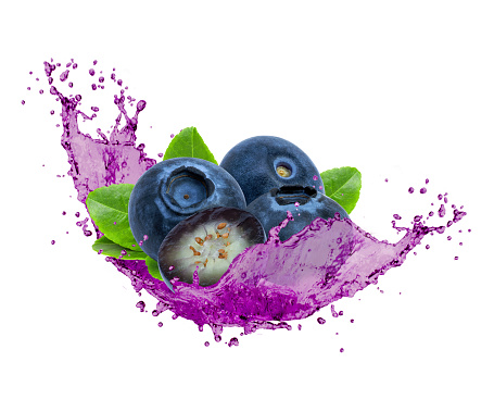 Blueberry fruit with juice splash isolated on white background.