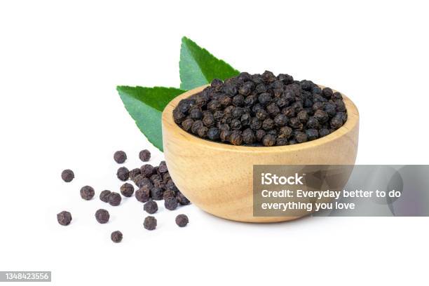 Black Pepper Isolated On White Stock Photo - Download Image Now - Black Peppercorn, Bowl, Whole