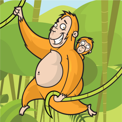 This is a vector illustration of an Orangutan and her baby, hanging around.