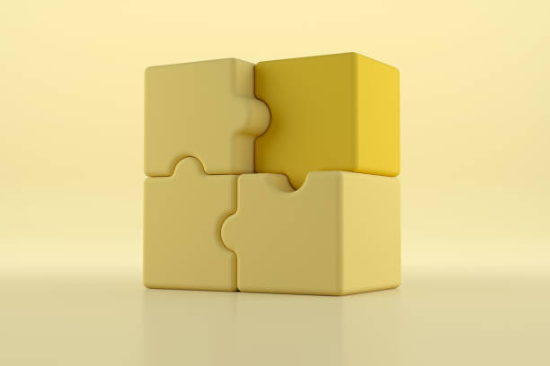 3D jigsaw puzzle pieces on yellow background. Problem-solving, business concept. 3d rendering stock photo