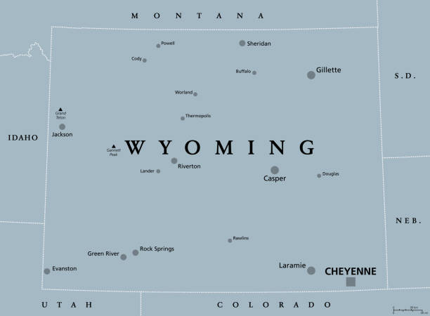 Wyoming, WY, gray political map, US state, Equality State Wyoming, WY, gray political map, with the capital Cheyenne. State in the Mountain West subregion of the Western United States of America, nicknamed Equality State, Cowboy State and Big Wyoming. Vector casper wyoming stock illustrations