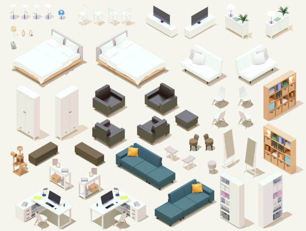 Vector isometric home furniture and equipment set Vector isometric home furniture set. Domestic and office furniture and equipment. Sofas, chairs, tables, lamps, cabinets, beds and stools empty sofa stock illustrations