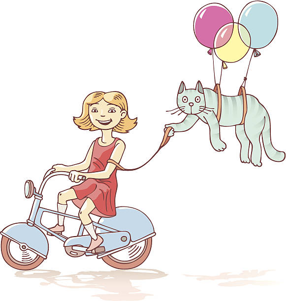 Cycling girl with the cat The girl is riding the bicycle with the cat flying with air balloons on a leash. girl levitating stock illustrations