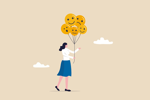 Emotional control and self regulation, stressed management or mental health awareness, feeling and expression concept, calm woman holding balloons with emotion or expression faces, happy, sad or fear.