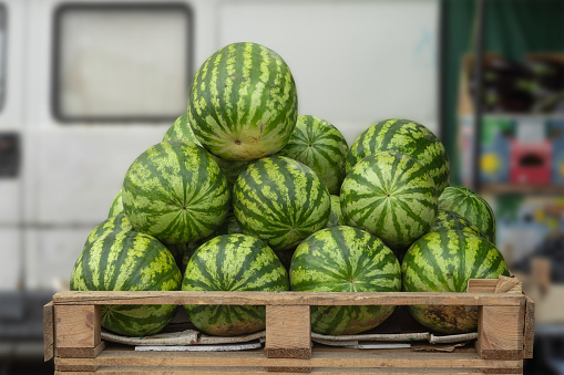Muğla, Turkey - May 5, 2022 : Watermelon shop in the city market