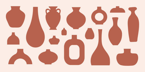 ilustraciones, imágenes clip art, dibujos animados e iconos de stock de colección moderna de jarrones, ollas y jarras de cerámica en silueta - terra cotta pot