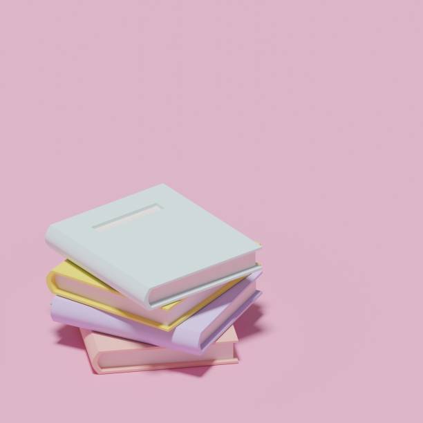 istock 3D rendering, 3D illustration, light colored miniature style books on pink square background, space for text, stacking, reading 1348483618