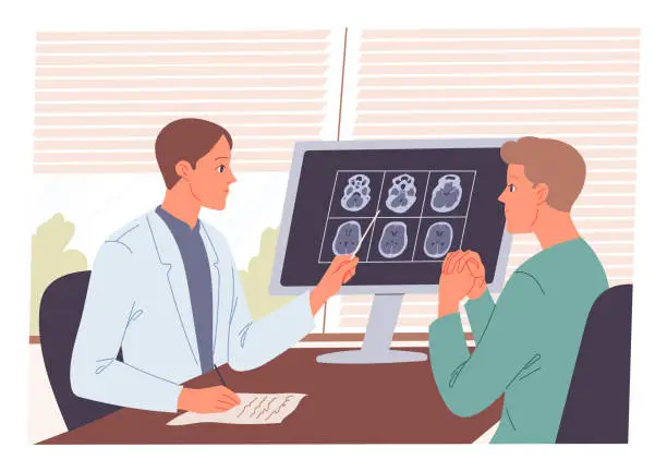 Vector illustration of Doctor receives the patient and examines his MRI scan