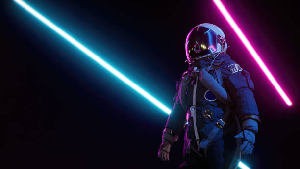 astronauta retrowave tra raggi laser al neon. rendering 3d di sfondo futuristico - astronaut space helmet space helmet foto e immagini stock