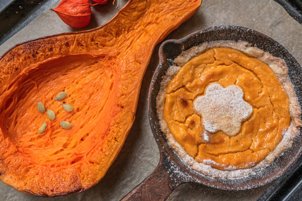 istock Pumpkin pie cooked in an authentic cast iron skillet 1348508938