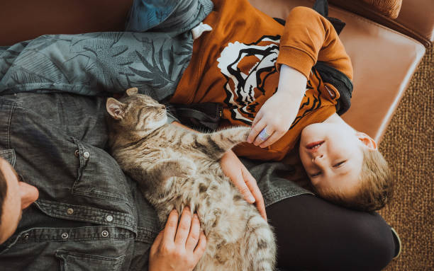 istock Mother and son playing with a cat at home 1348512829