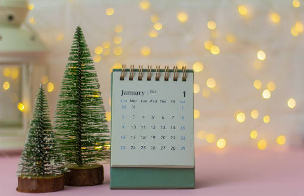 istock Calendar for January 2022 . Desktop calendar on a light background.Hello, 2022. 1348512844