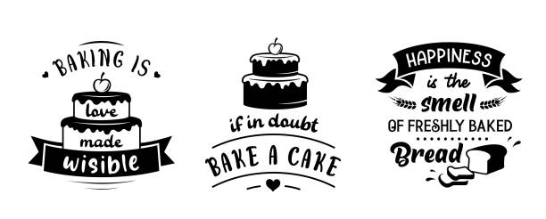 ilustrações, clipart, desenhos animados e ícones de conjunto de doces com citações. sinais ou emblemas de cozimento. - personal accessory apron bakery cake