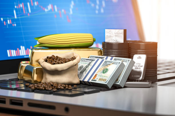 Commodities on laptop keyboard. Stock exchange market trading platform on the screen of pc. stock photo