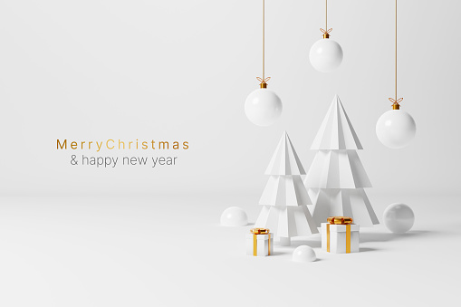 Feliz Navidad y feliz concepto de año nuevo. Adorno de decoración blanca navideña, árbol, regalo y bola sobre fondo blanco. Ilustración de renderizado 3D photo