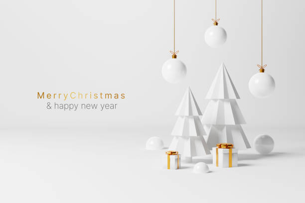 feliz navidad y feliz concepto de año nuevo. adorno de decoración blanca navideña, árbol, regalo y bola sobre fondo blanco. ilustración de renderizado 3d - tarjeta de año nuevo fotografías e imágenes de stock