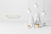 Merry Christmas and happy new year concept. Christmas white decoration ornament, tree, gift and ball on white background. 3d rendering illustration