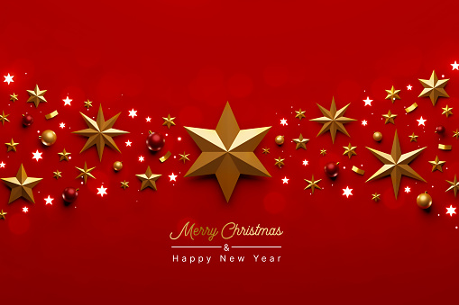Top view of christmas ornament gold stars and christmas ball bauble on luxury red background. Christmas and happy new year concept. 3d rendering illustration