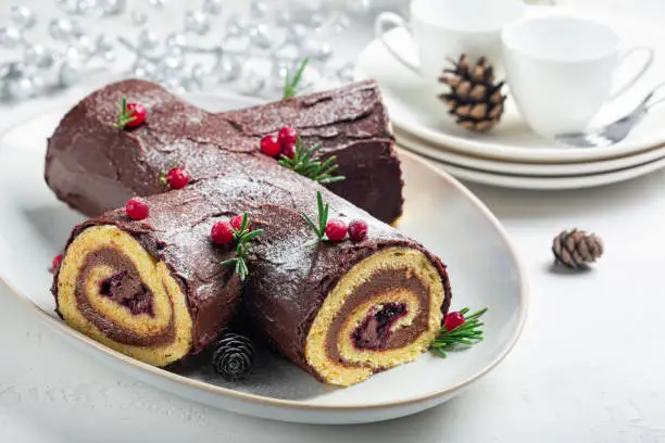 Traditional homemade Christmas cake. Yule log or Buche de Noel. Sponge cake with chocolate cream, ganache, decorated with cranberries.