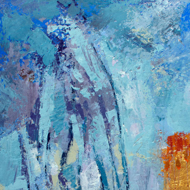 istock Blue oil painting on canvas. Original abstract acrylic orange paint. Gold thick paste. 1348538717