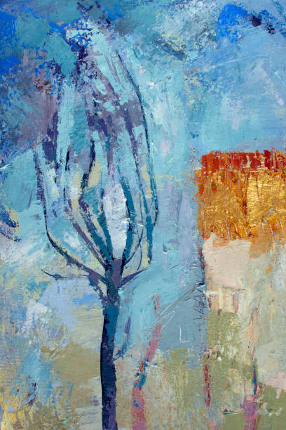 istock Blue oil painting on canvas. Original abstract acrylic orange paint. Gold thick paste. 1348540451