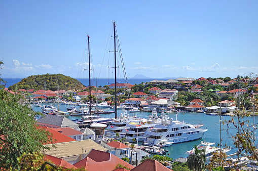 Gustavia,Saint Barthelemy-March 13,2014:Top view of anchored luxury yachts in the marina at Saint Barthelemy.