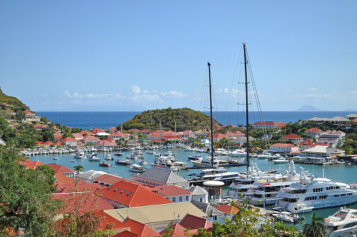 Gustavia,Saint Barthelemy-March 13,2014:Top view of anchored yachts in the harbor at Saint Barthelemy.