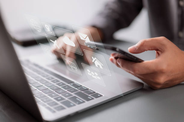 istock SEO Internet marketing, e-commerce, online banking, and VoIP voice over internet protocol technology on smartphone devices are all apps that provide a company service using computer communication. 1348543616