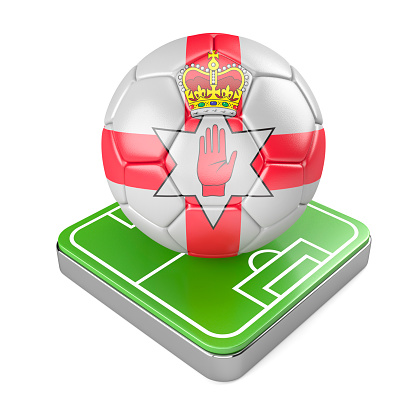 Soccer Ball Icon with National Flag of Northern Ireland and Soccer Field. 3D Illustration